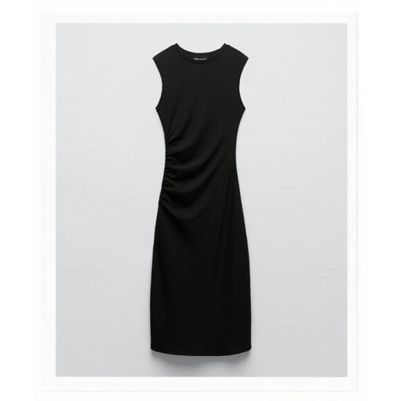 Zara Black Ribbed Ruched Side Detail Dress - Picture 1 of 6